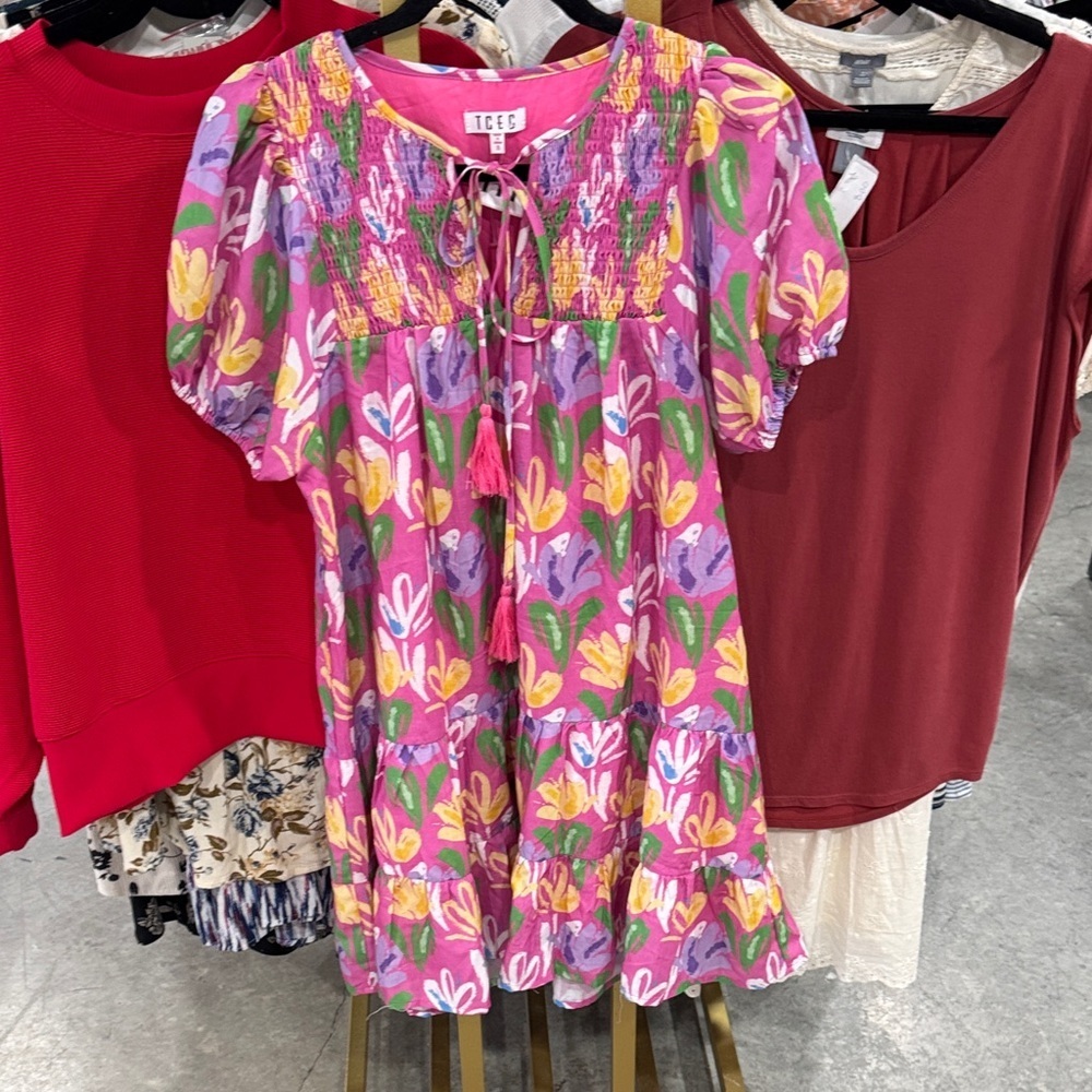 TCEC Pink Floral Smocked Tie-Front Casual Dress